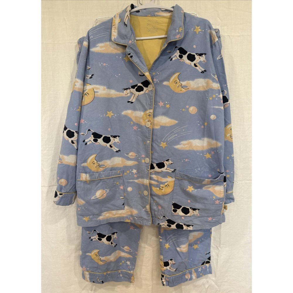 Nick & Nora Flannel Pajama Set Cotton Cow Jumped Over The Moon Medium